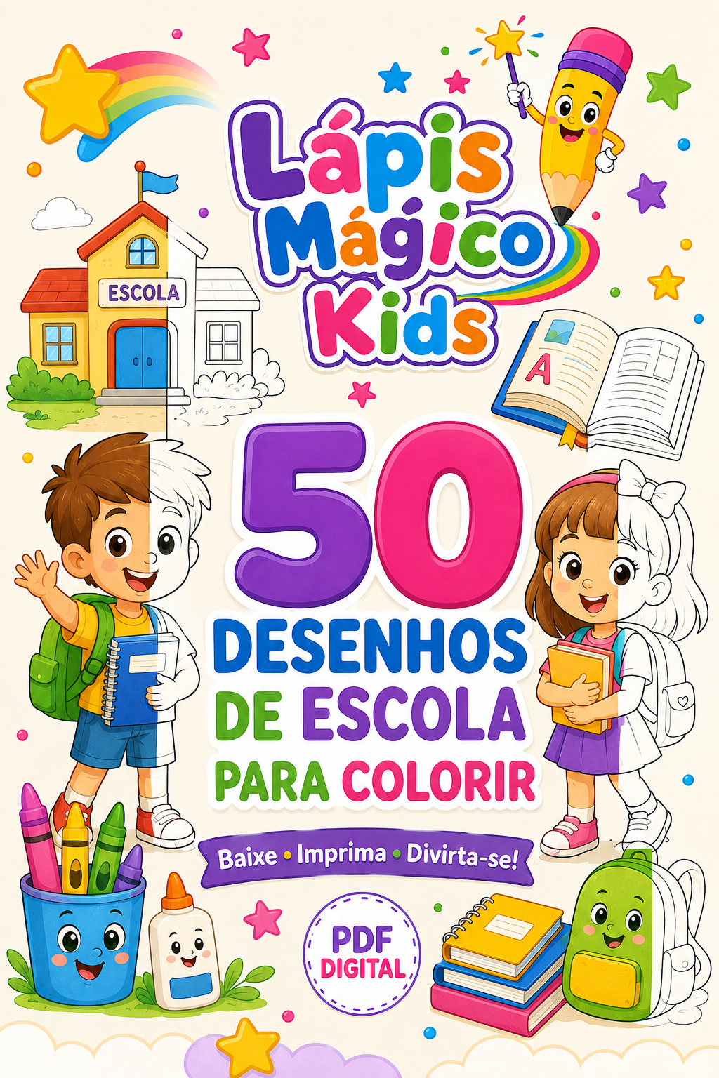 Lápis Mágico Kids - 50 Desenhos de Escola para Colorir  | Livro Digital A4 para Imprimir