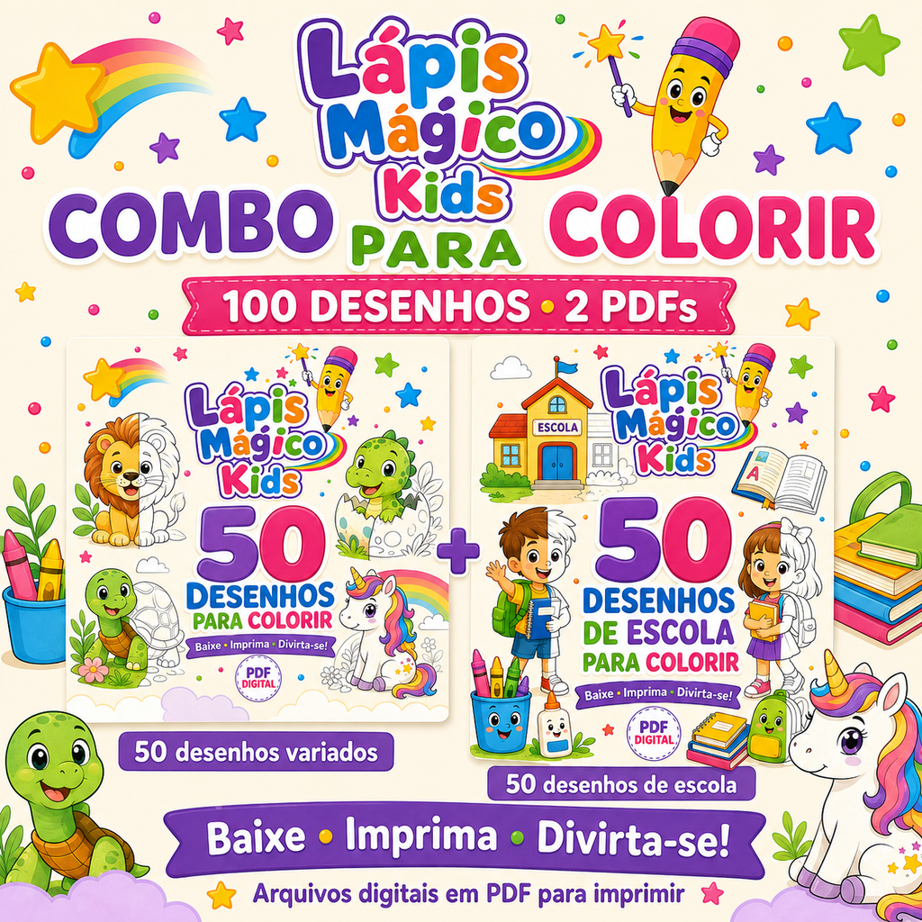 Lápis Mágico Kids — 100 Desenhos para Colorir | 50 Variados + 50 de Escola