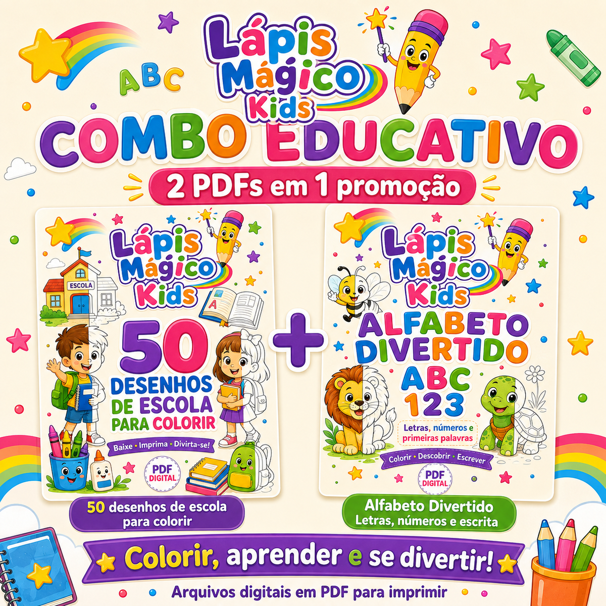 Combo Educativo Lápis Mágico Kids — 2 PDFs para Colorir e Aprender