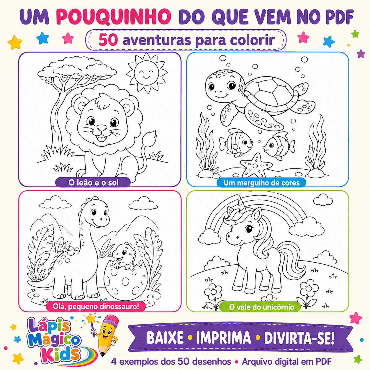 Lápis Mágico Kids — 50 Aventuras para Colorir | Livro Digital A4 para Imprimir