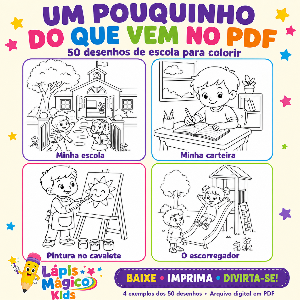 Lápis Mágico Kids - 50 Desenhos de Escola para Colorir  | Livro Digital A4 para Imprimir