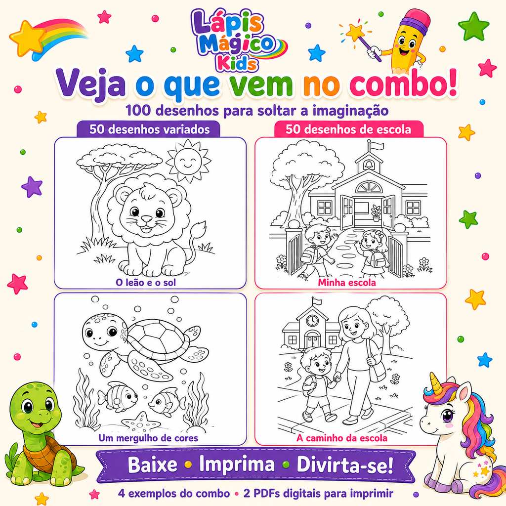 Lápis Mágico Kids — 100 Desenhos para Colorir | 50 Variados + 50 de Escola