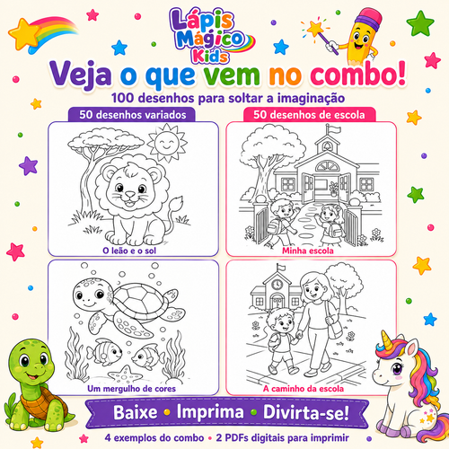 Lápis Mágico Kids — 100 Desenhos para Colorir | 50 Variados + 50 de Escola