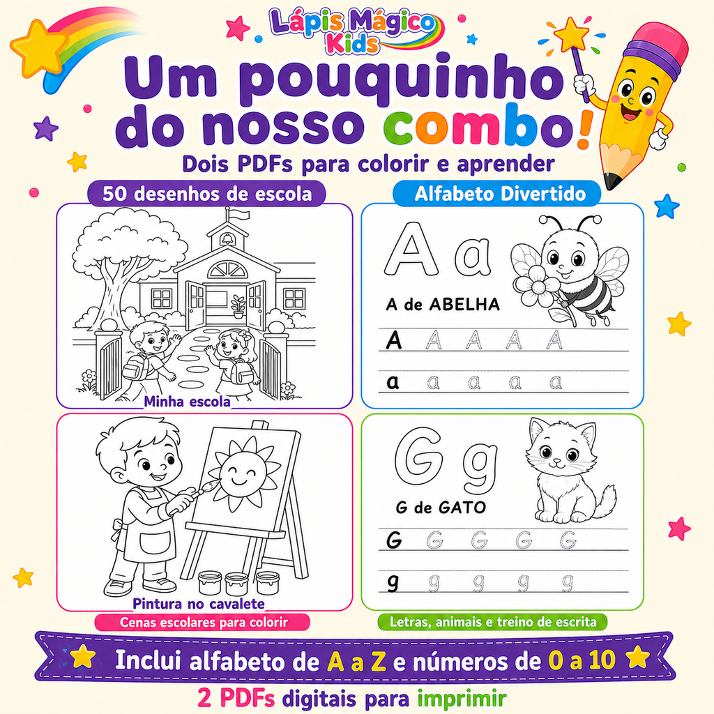 Combo Educativo Lápis Mágico Kids — 2 PDFs para Colorir e Aprender